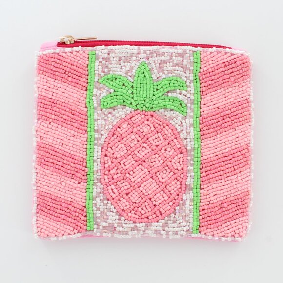 New KAY LEE NY Beaded Pink Pineapple Coin Purse/Makeup Bag ❤️Made in India❤️ - Picture 1 of 3